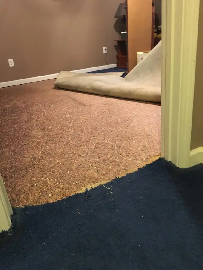 Carpet pad removal revealing water damage during Water Mitigation Services in Glenarden